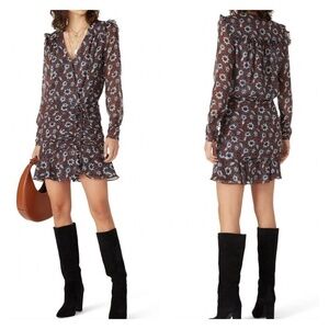 NWT Veronica Beard Anjali Floral Long Sleeve Ruffle Silk Wrap Dress BrownBlue 12